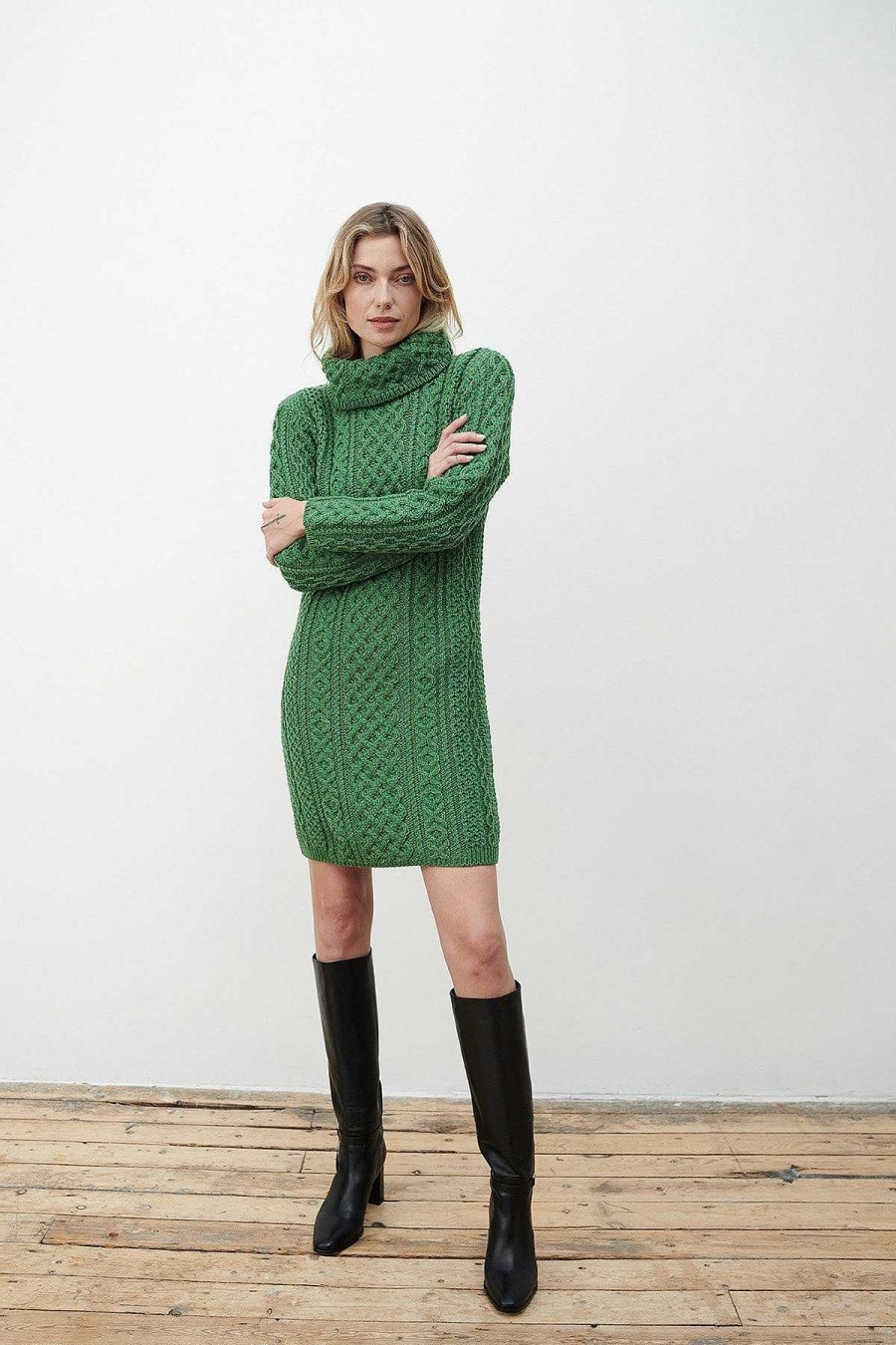 Jumpers & Cardigans | Aran Woollen Mills Merino Wool Knitted Roll Neck Tunic In Green