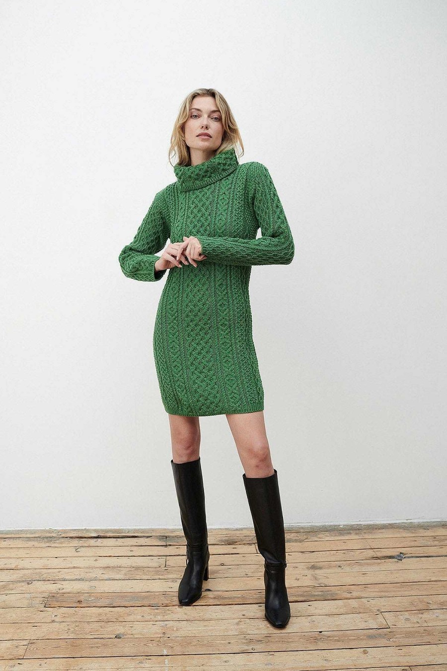 Jumpers & Cardigans | Aran Woollen Mills Merino Wool Knitted Roll Neck Tunic In Green