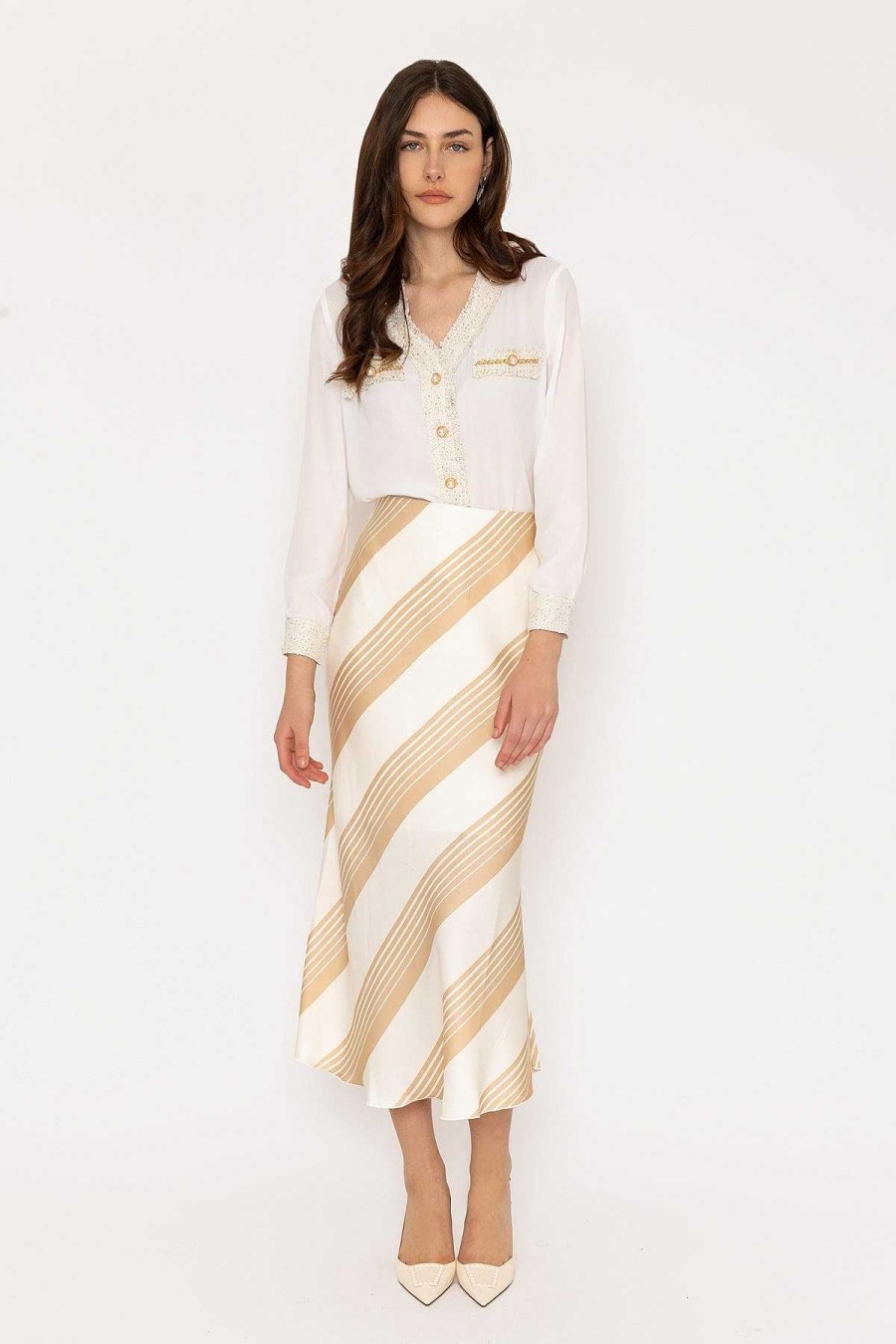 Skirts & Shorts | Elli White Cream Satin Stripe Midi Skirt