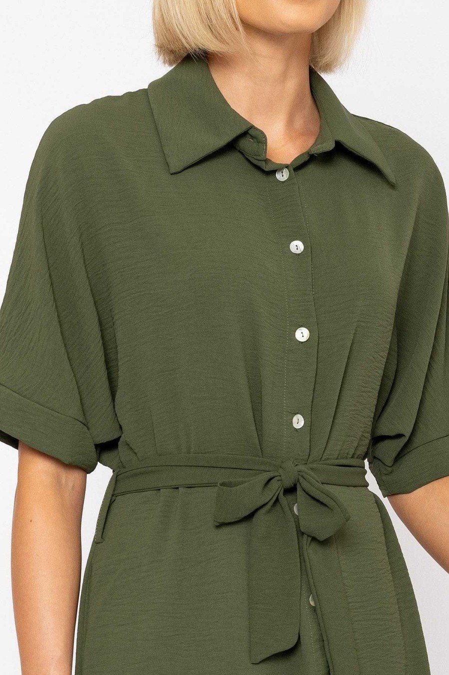 Sale Dresses | Rowen Avenue Khaki Green Belted Shirt Dress