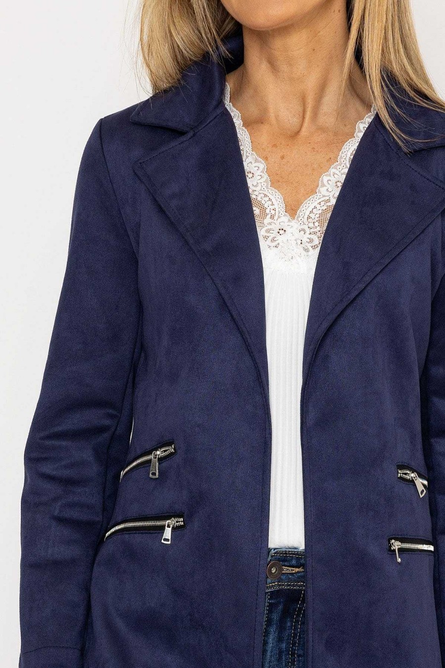 Coats & Jackets | Pala D'oro Suede 3/4 Zip Detail Jacket In Navy