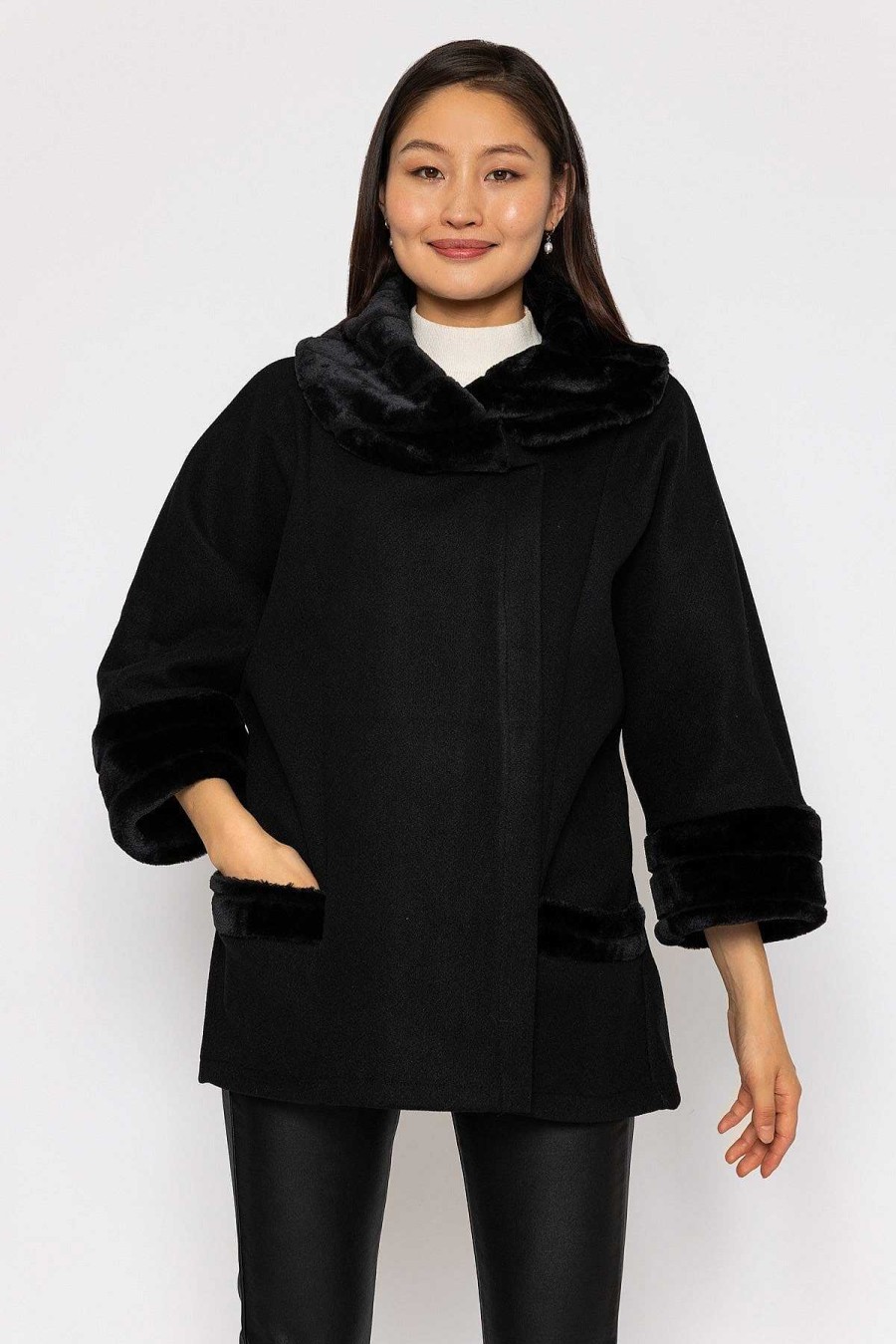 Coats & Jackets | Pala D'oro Faux Fur Trim Jacket In Black