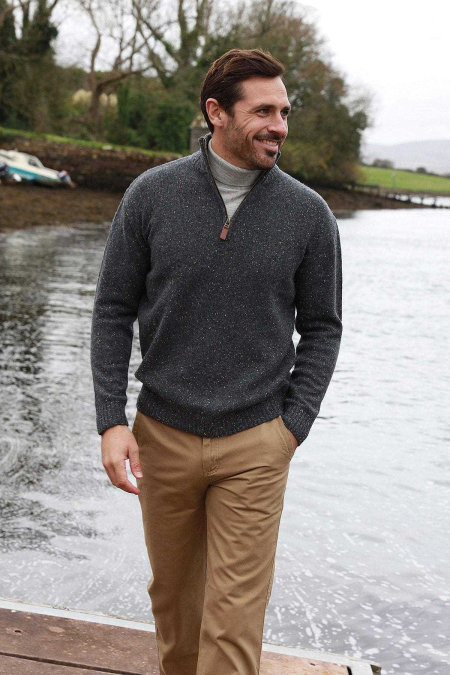 Jumpers & Cardigans | Aran Woollen Mills Men'S Donegal Blend V-Neck Zip Sweater