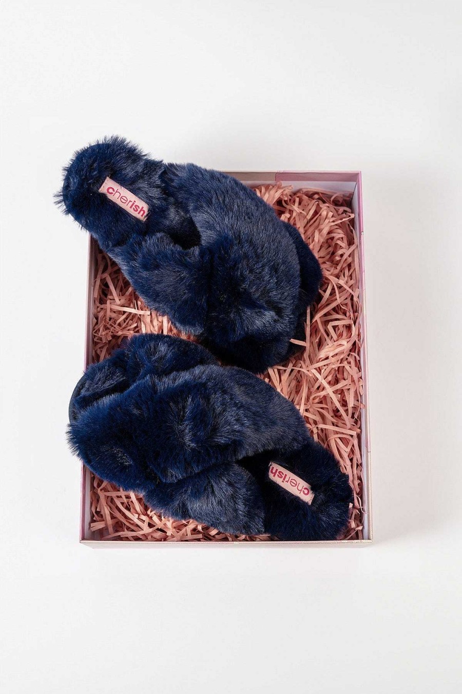 Nightwear | Cherish Accessories Boxed Navy Faux Fur Quilted Slippers