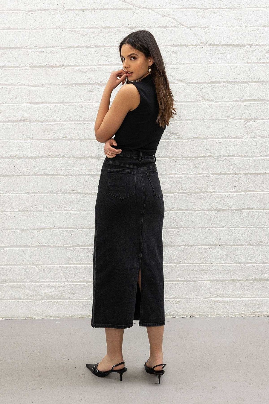 Skirts & Shorts | Pala D'oro Sport Black Denim Midi Skirt