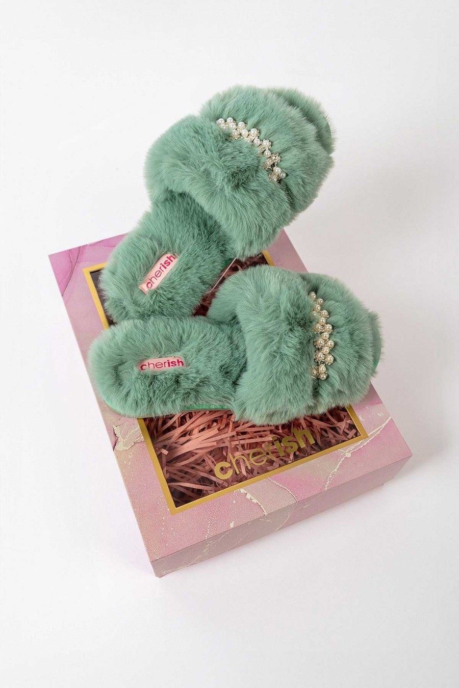 Nightwear | Cherish Accessories Boxed Embellished Slippers In Green