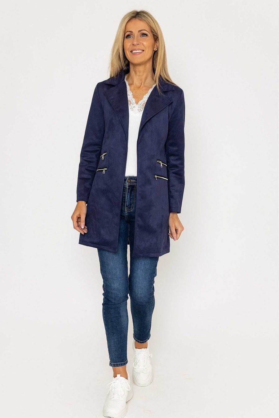 Coats & Jackets | Pala D'oro Suede 3/4 Zip Detail Jacket In Navy