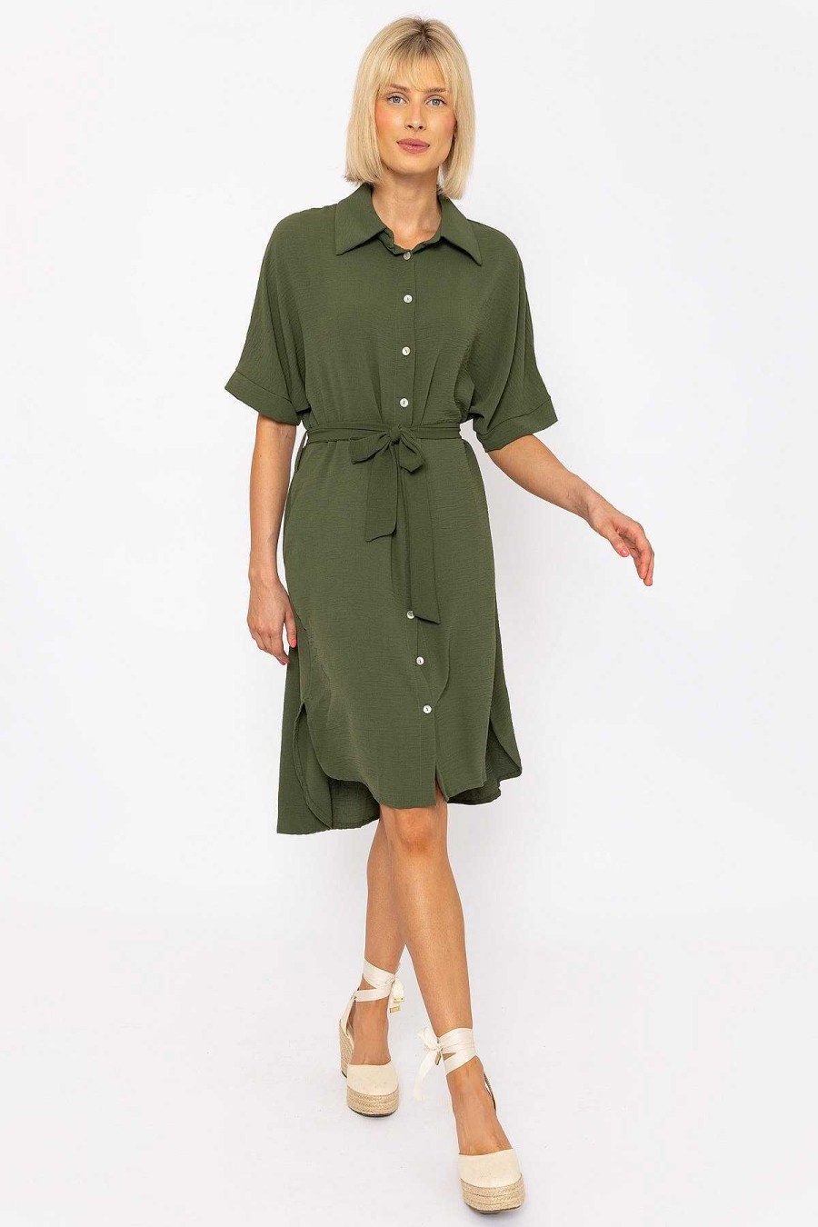 Sale Dresses | Rowen Avenue Khaki Green Belted Shirt Dress