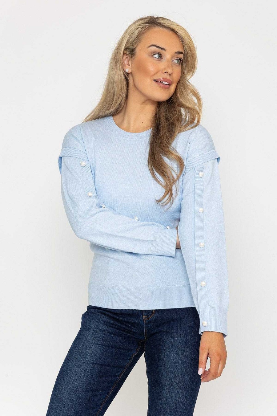 Jumpers & Cardigans | Kelly & Grace Weekend Button Sleeve Knit In Blue