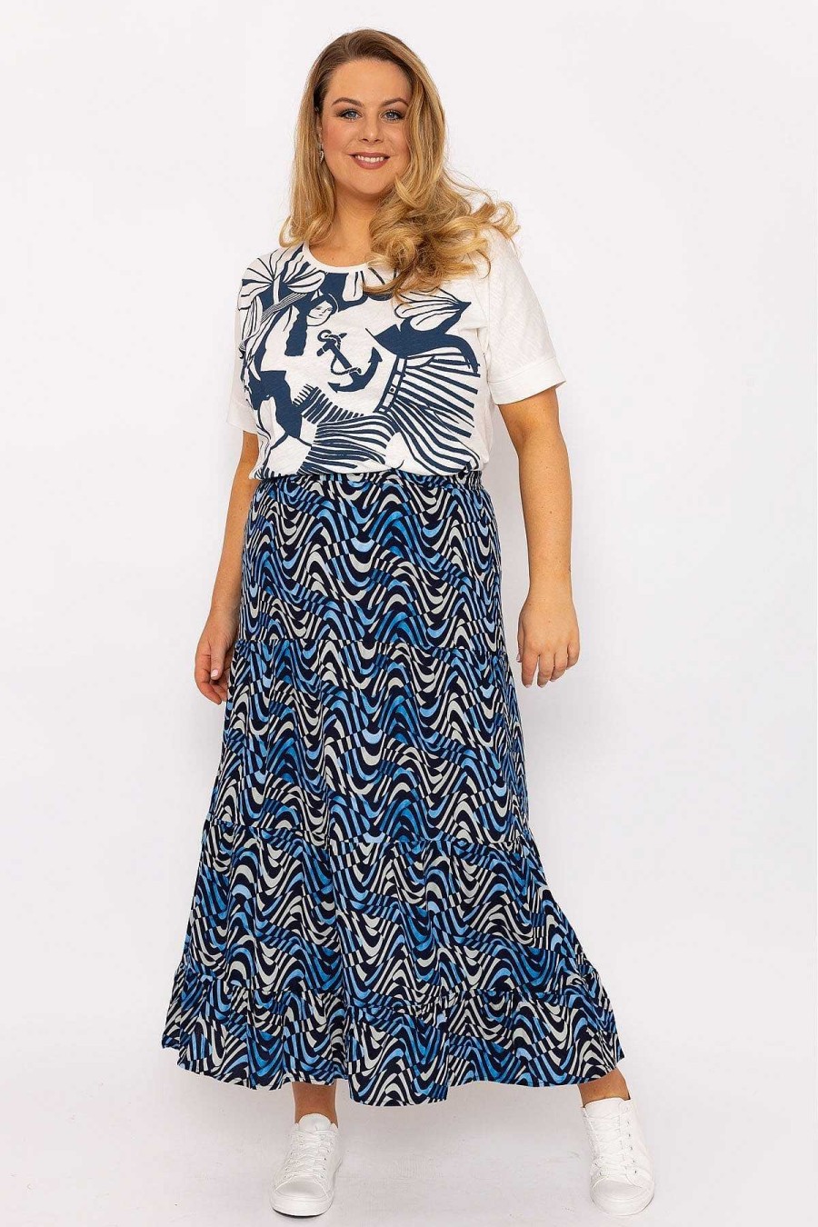 Skirts & Shorts | Ulla Popken Wave Print Long Skirt In Navy