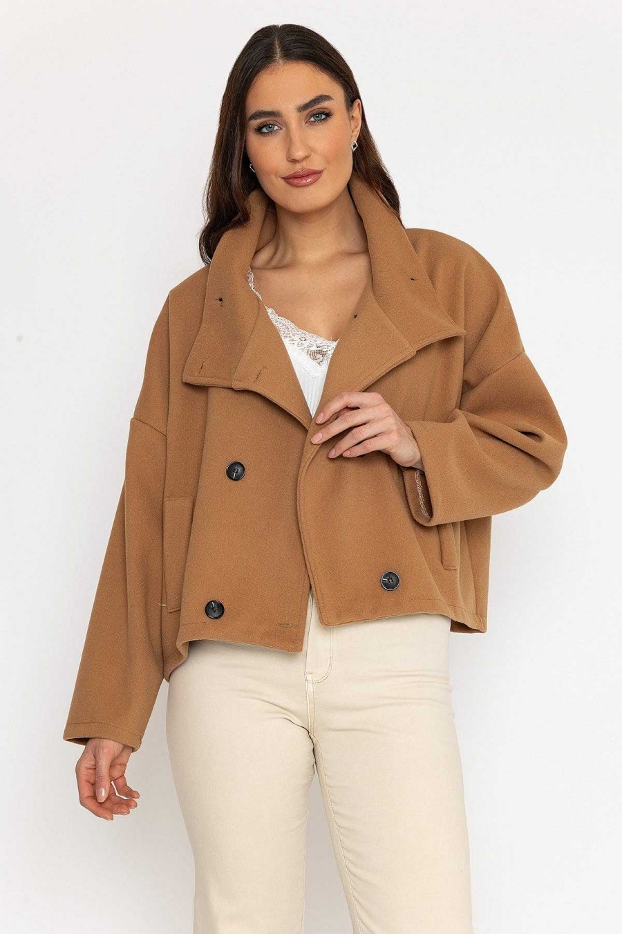 Coats & Jackets | Pala D'oro Short Funnel Neck Jacket In Camel