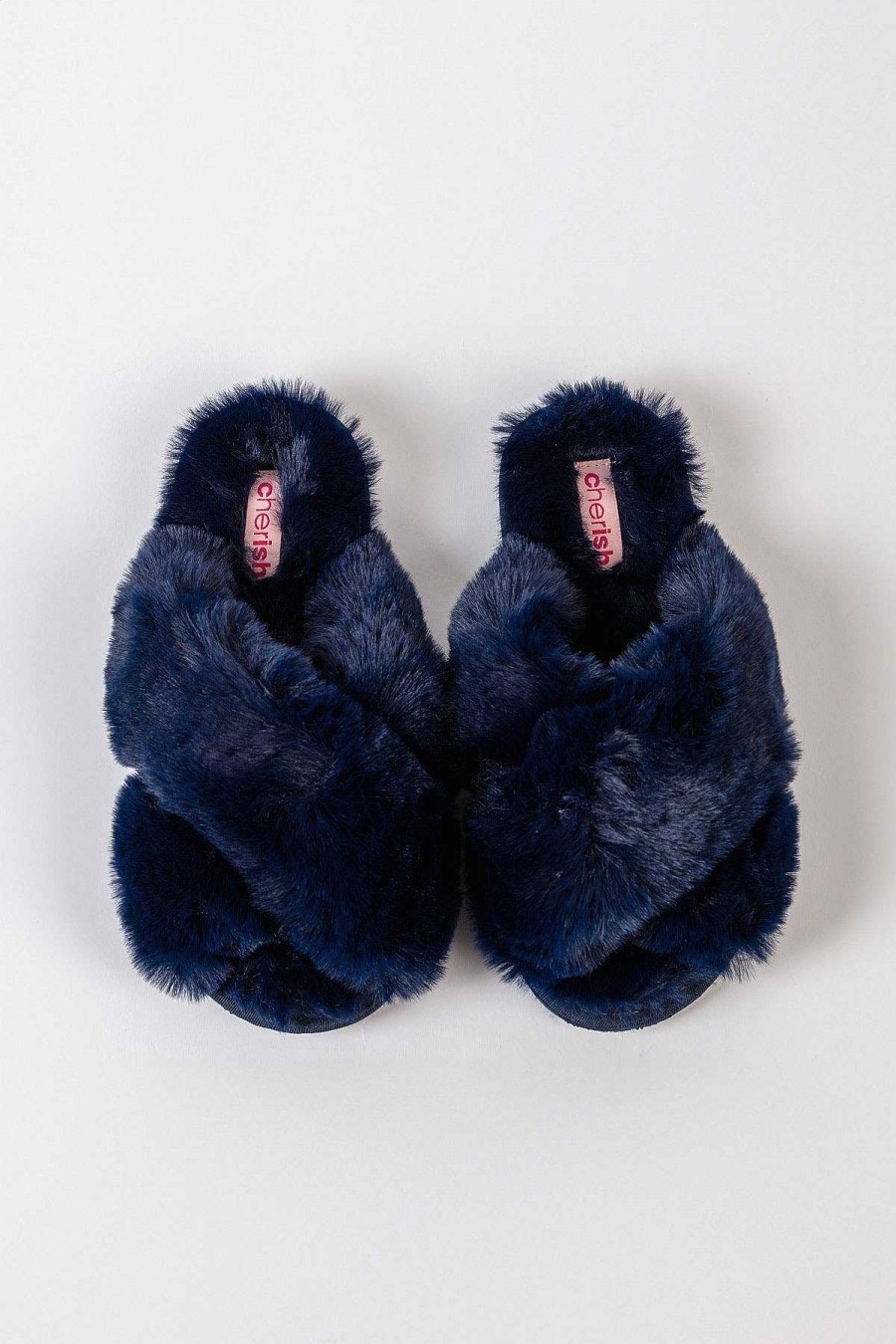 Nightwear | Cherish Accessories Boxed Navy Faux Fur Quilted Slippers