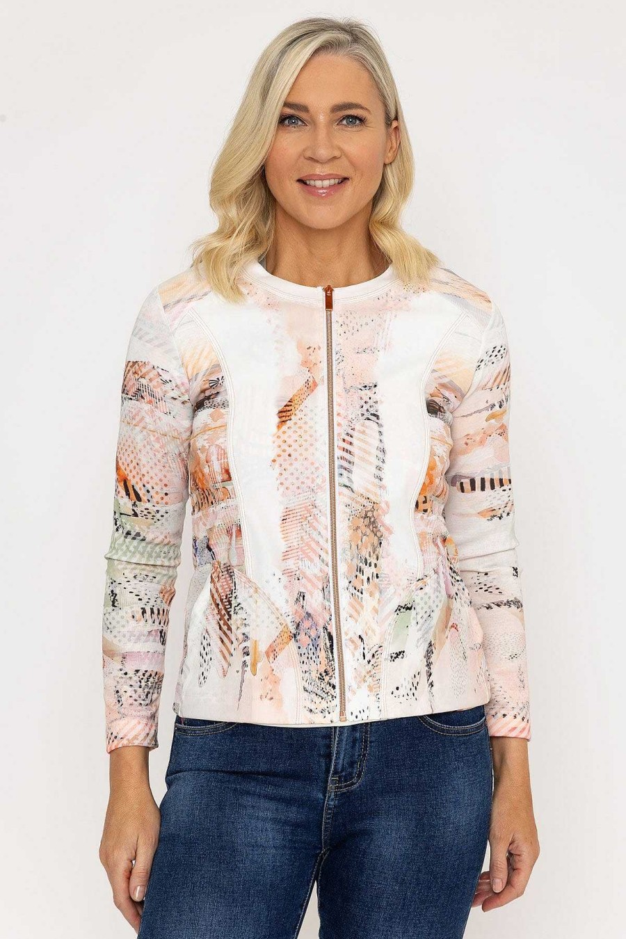 Coats & Jackets | Kalisson Abstract Printed Zip Up Jacket In Peach