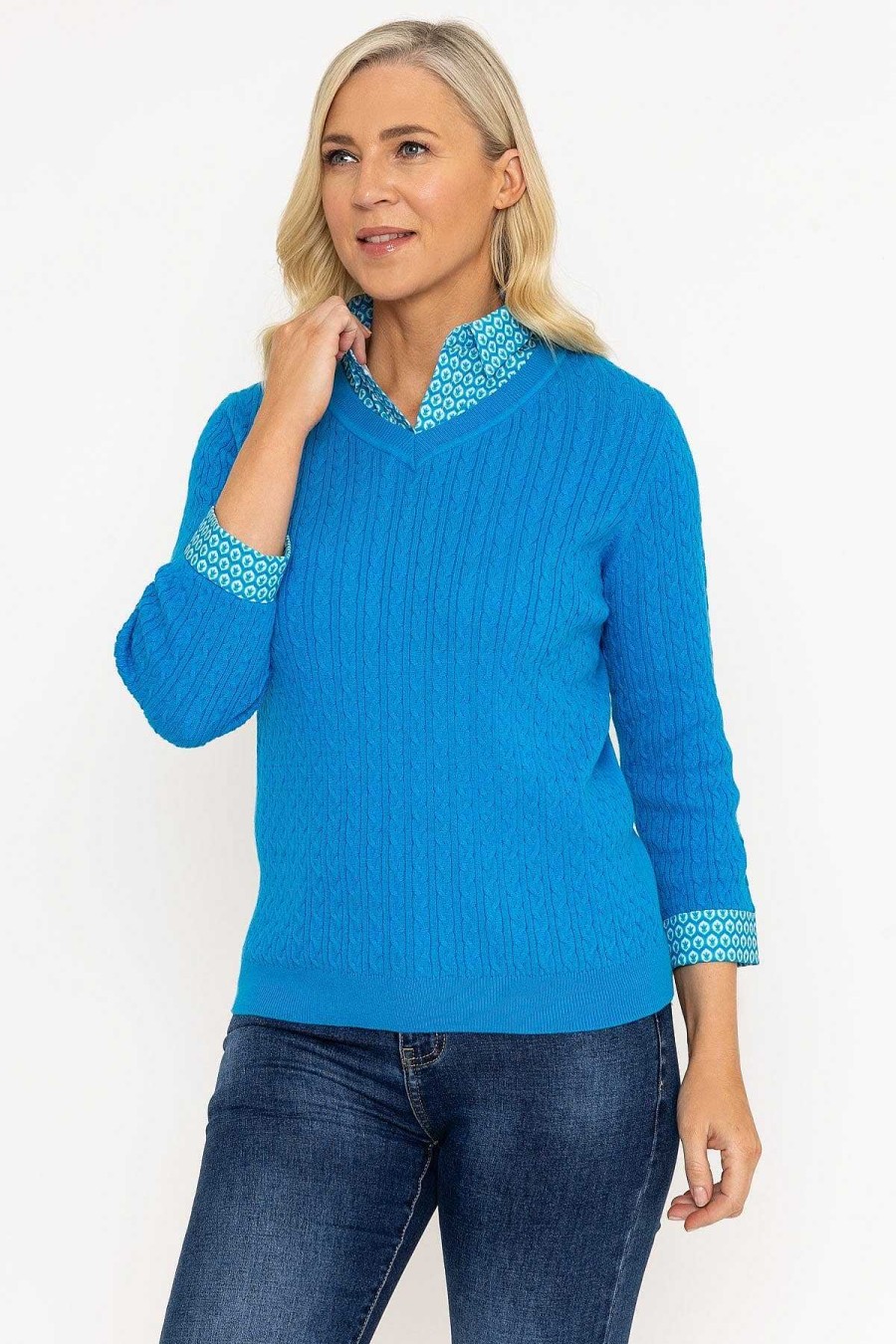 Jumpers & Cardigans | Voulez Vous Blue Cable Knit Sweater With Shirt Collar