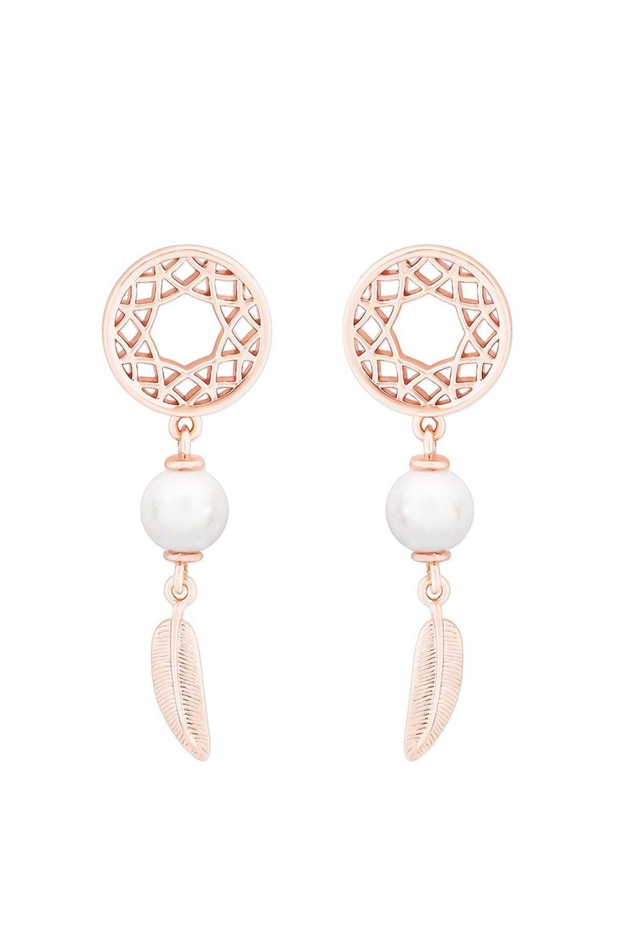 Earrings | Tipperary Crystal Jewellery Feather & Pearl Boho Earrings In Rose Gold