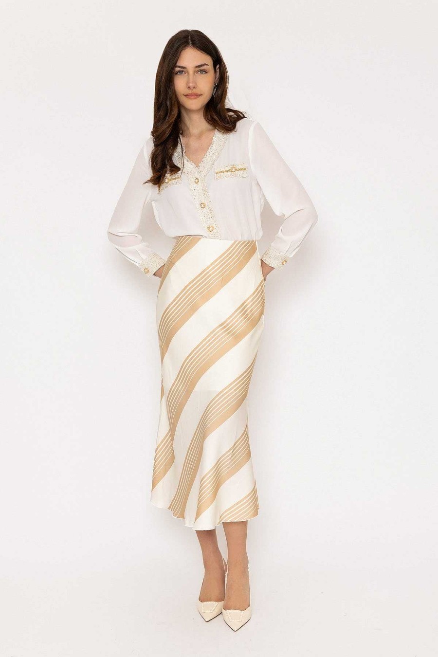 Skirts & Shorts | Elli White Cream Satin Stripe Midi Skirt