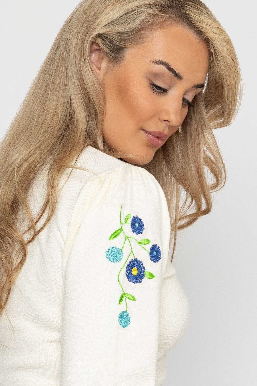 Jumpers & Cardigans | Kelly & Grace Weekend Embroidered Sleeve Knit In Ecru