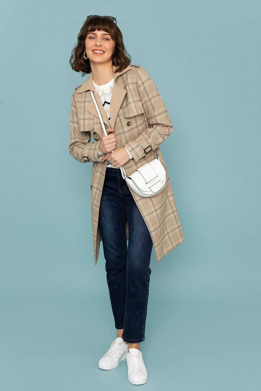 Coats & Jackets | Rowen Avenue Tan Check Trench Coat