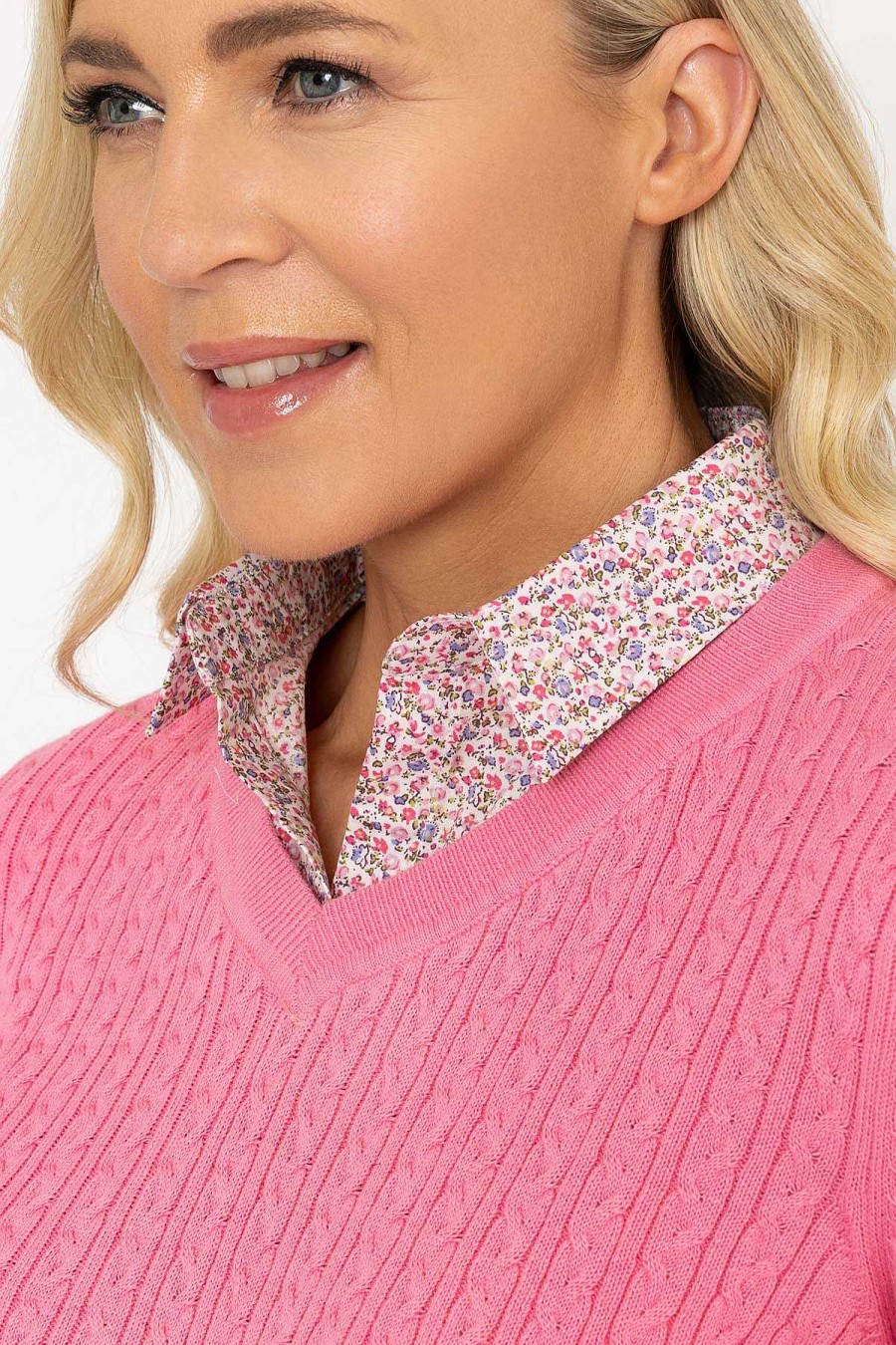 Jumpers & Cardigans | Voulez Vous Pink Cable Knit Sweater With Shirt Collar