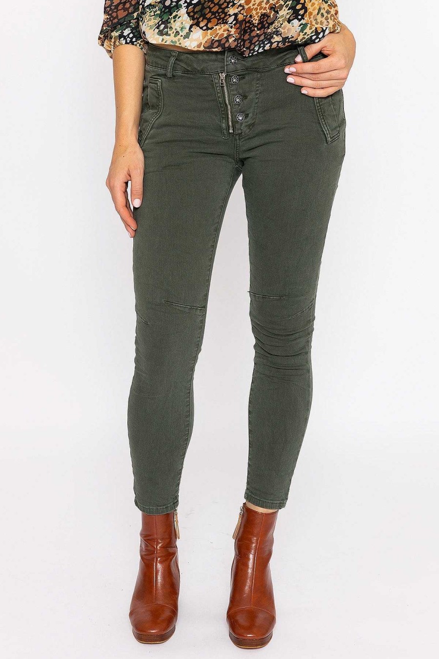 Jeans & Trousers | J'aime la Vie Button Front Jeans In Khaki