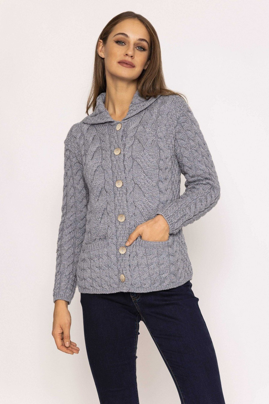 Jumpers & Cardigans | Aran Woollen Mills Supersoft Merino Wool Women'S Cardigan In Grey