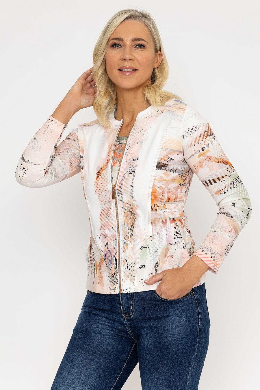 Coats & Jackets | Kalisson Abstract Printed Zip Up Jacket In Peach