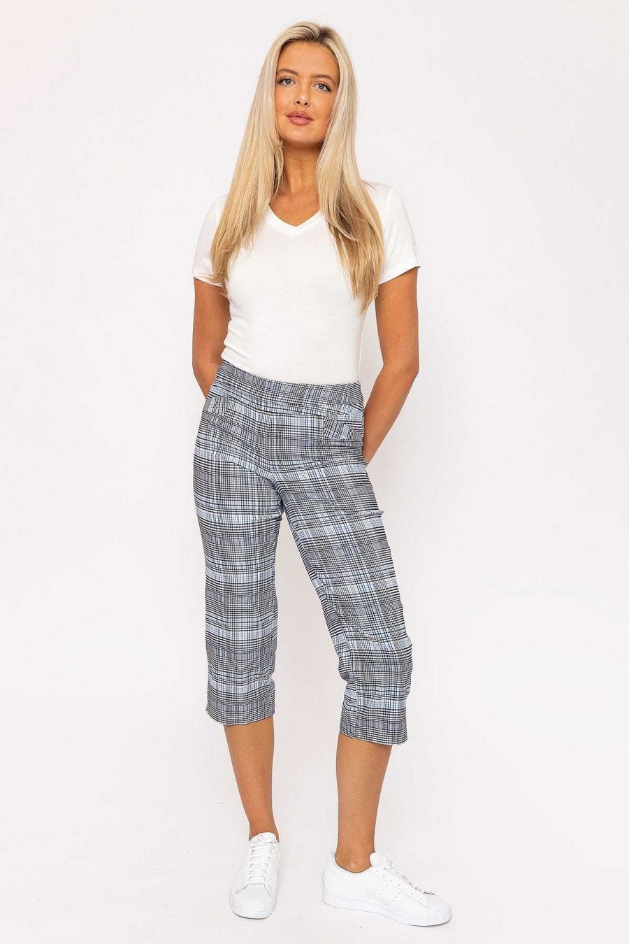 Jeans & Trousers | Kelly & Grace Weekend Bengaline Check Crop Pants In Blue Print