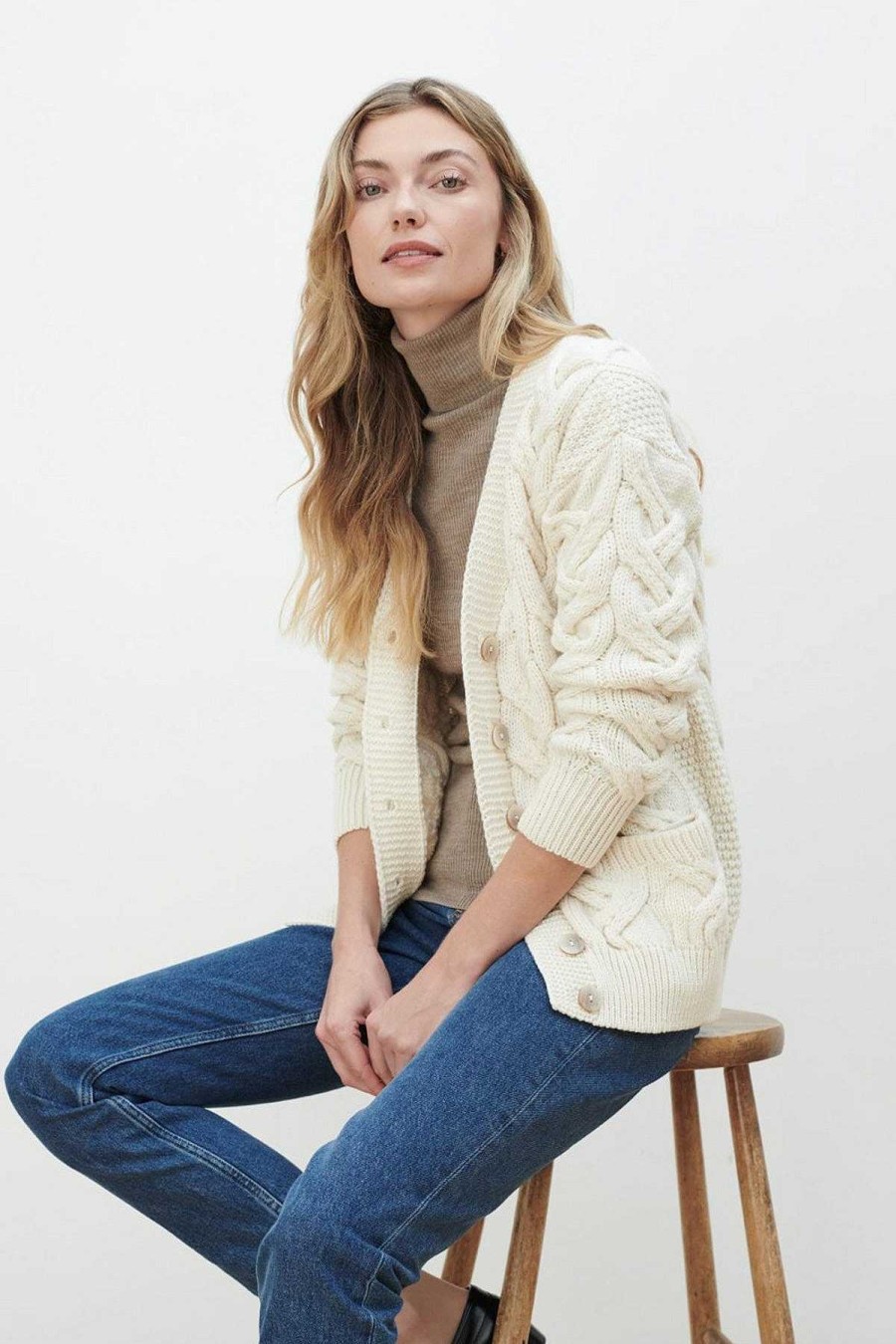 Jumpers & Cardigans | Aran Woollen Mills Super Soft Merino Wool V-Neck Cardigan In Cream