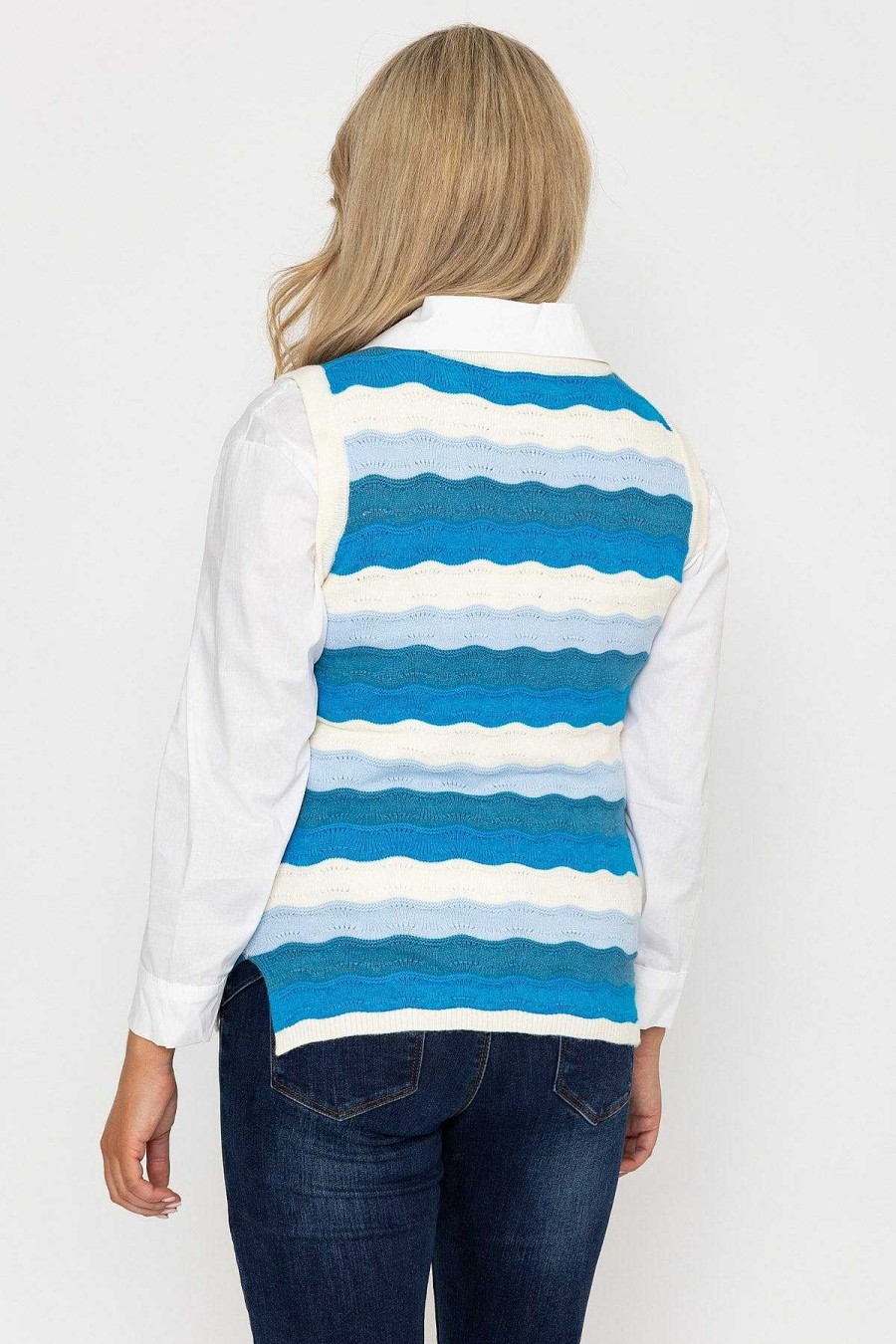 Jumpers & Cardigans | Kelly & Grace Weekend Pointelle Vest In Blue