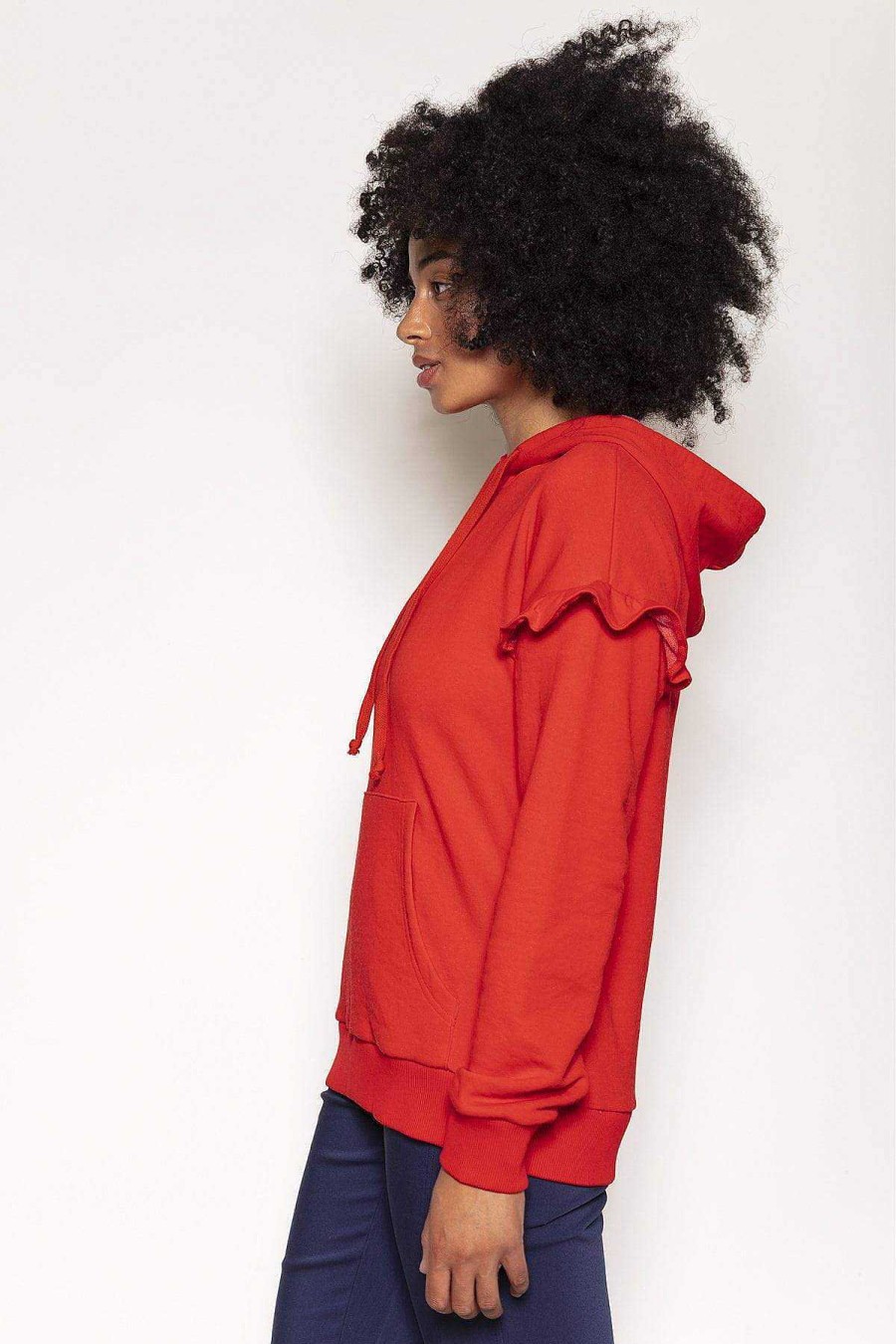 Hoodies & Sweatshirts | Kelly & Grace Weekend Frill Sleeve Hoody In Red