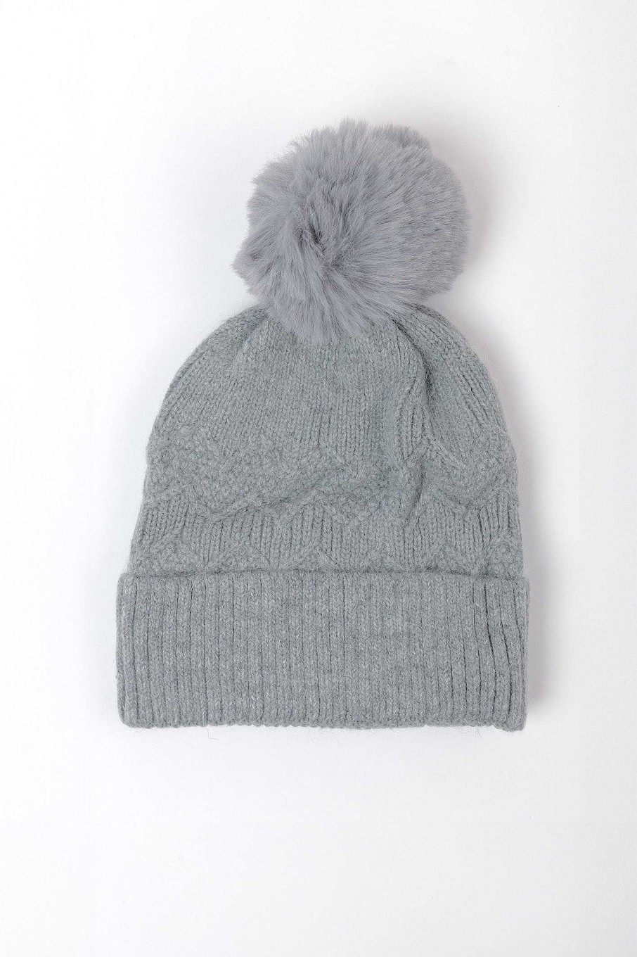 Hats | SOUL Accessories Grey Cable Knit Beanie With Pom