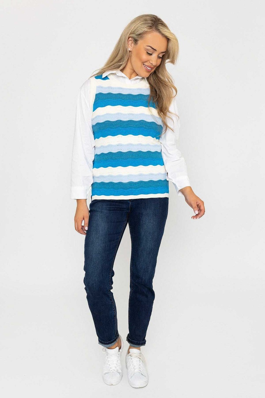 Jumpers & Cardigans | Kelly & Grace Weekend Pointelle Vest In Blue