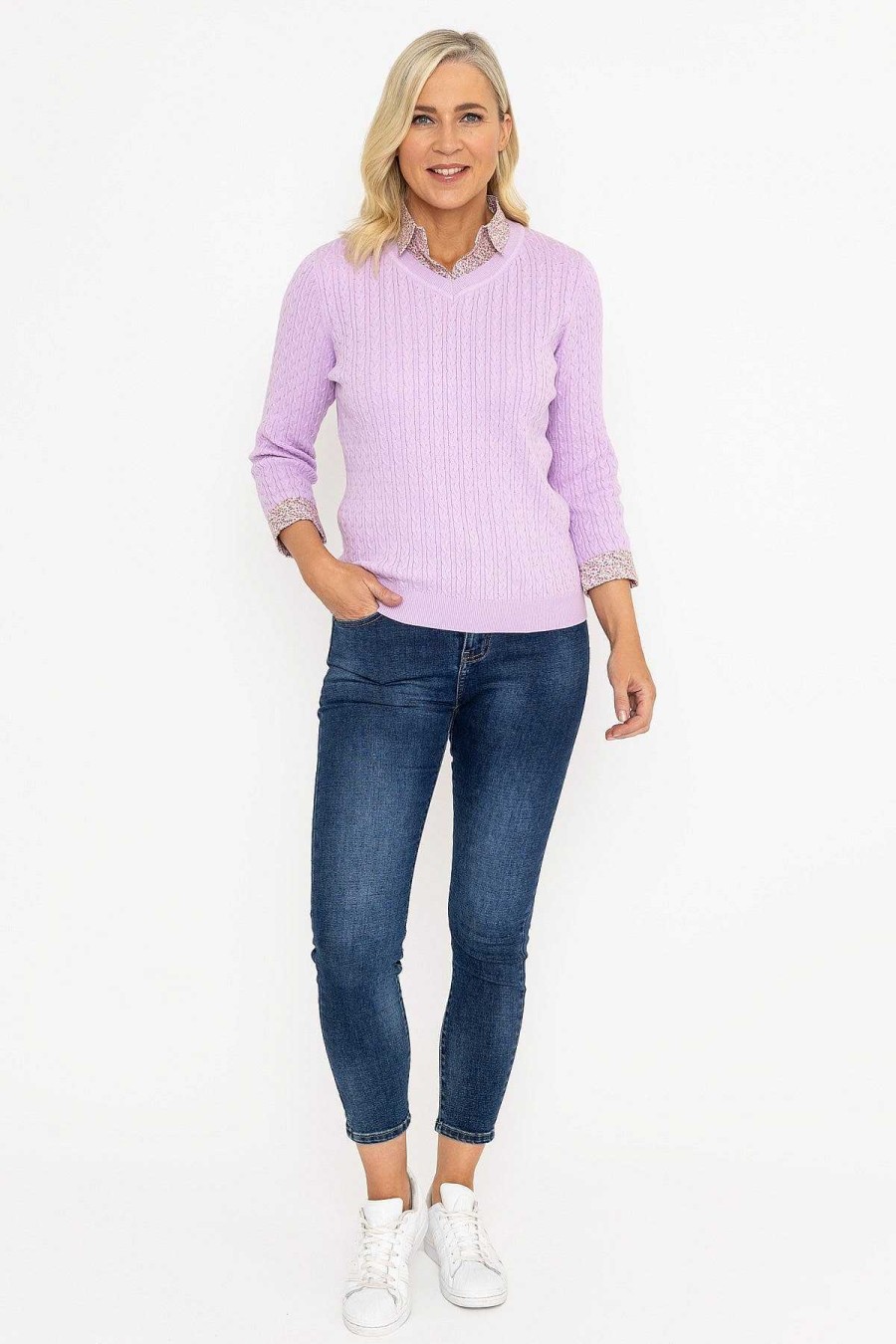 Jumpers & Cardigans | Voulez Vous Purple Cable Knit Sweater With Shirt Collar