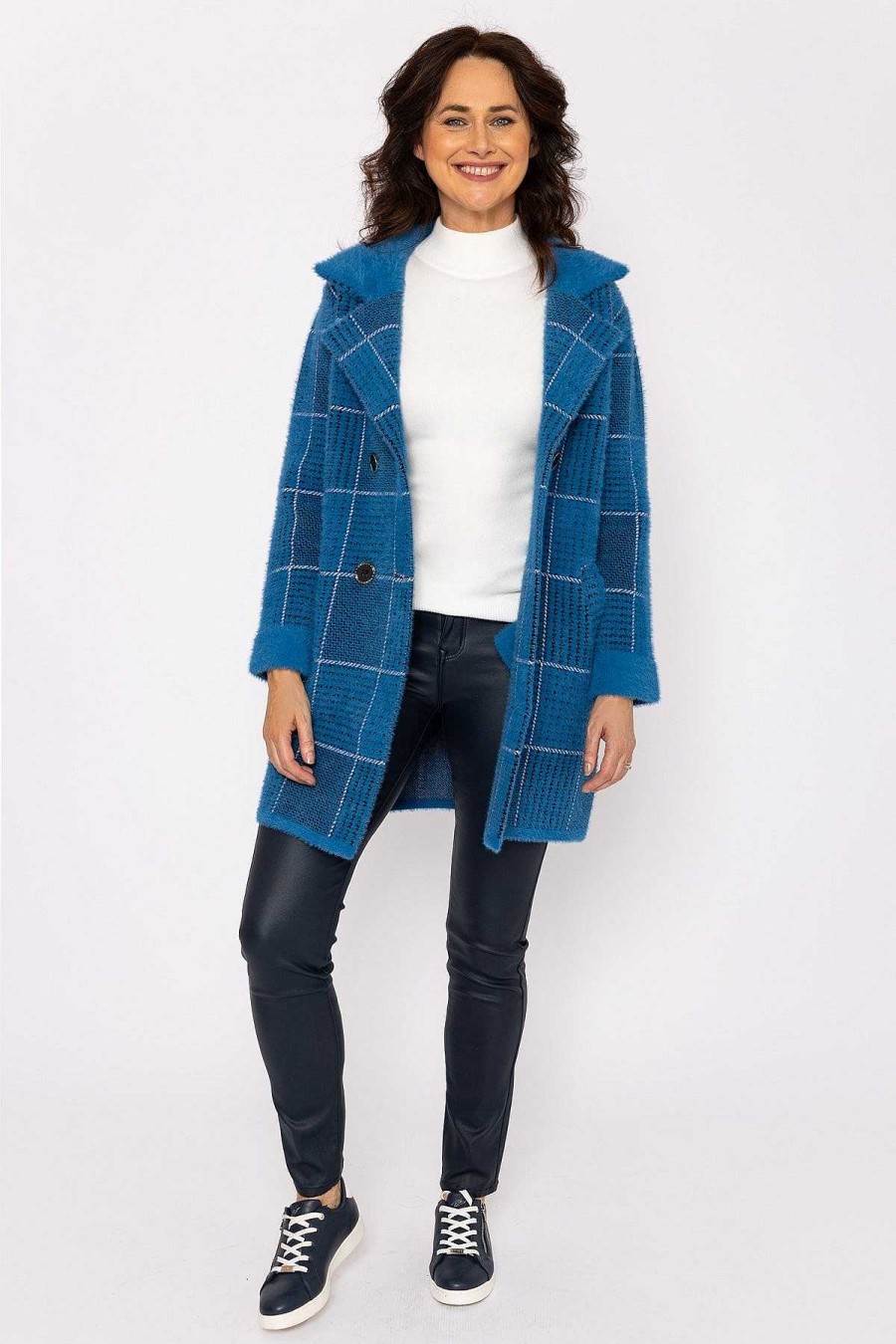 Coats & Jackets | J'aime la Vie Check Buttoned Coatigan In Teal