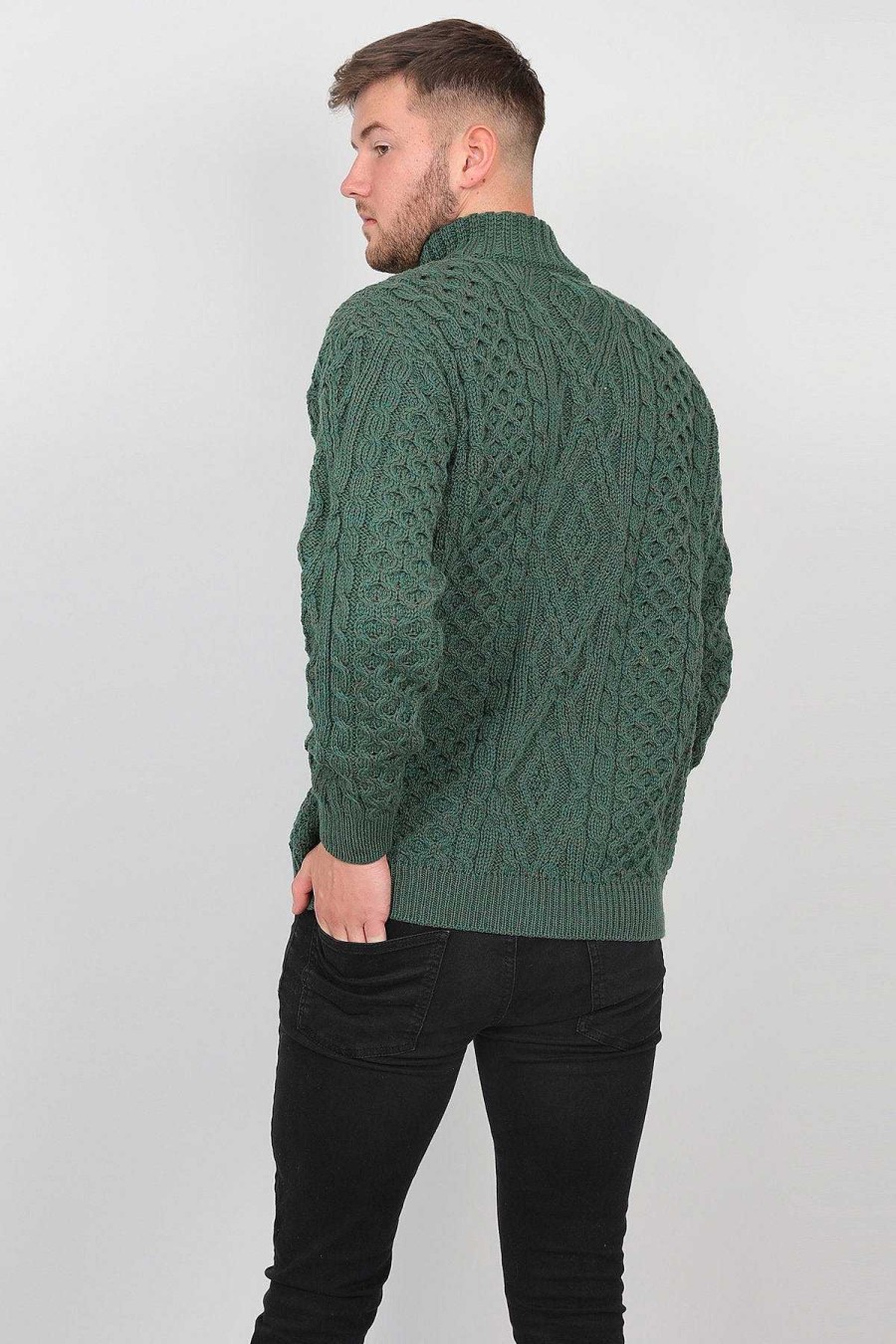 Jumpers & Cardigans | Aran Woollen Mills Mens Diamond Knit Troyer In Connemara Green