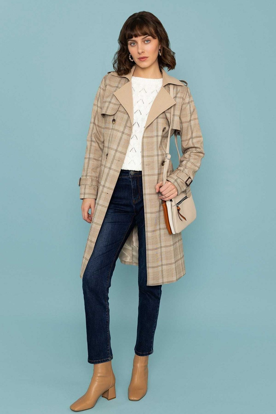 Coats & Jackets | Rowen Avenue Tan Check Trench Coat