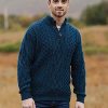 Jumpers & Cardigans | Aran Woollen Mills Mens Diamond Knit Troyer In Atlantic Blue