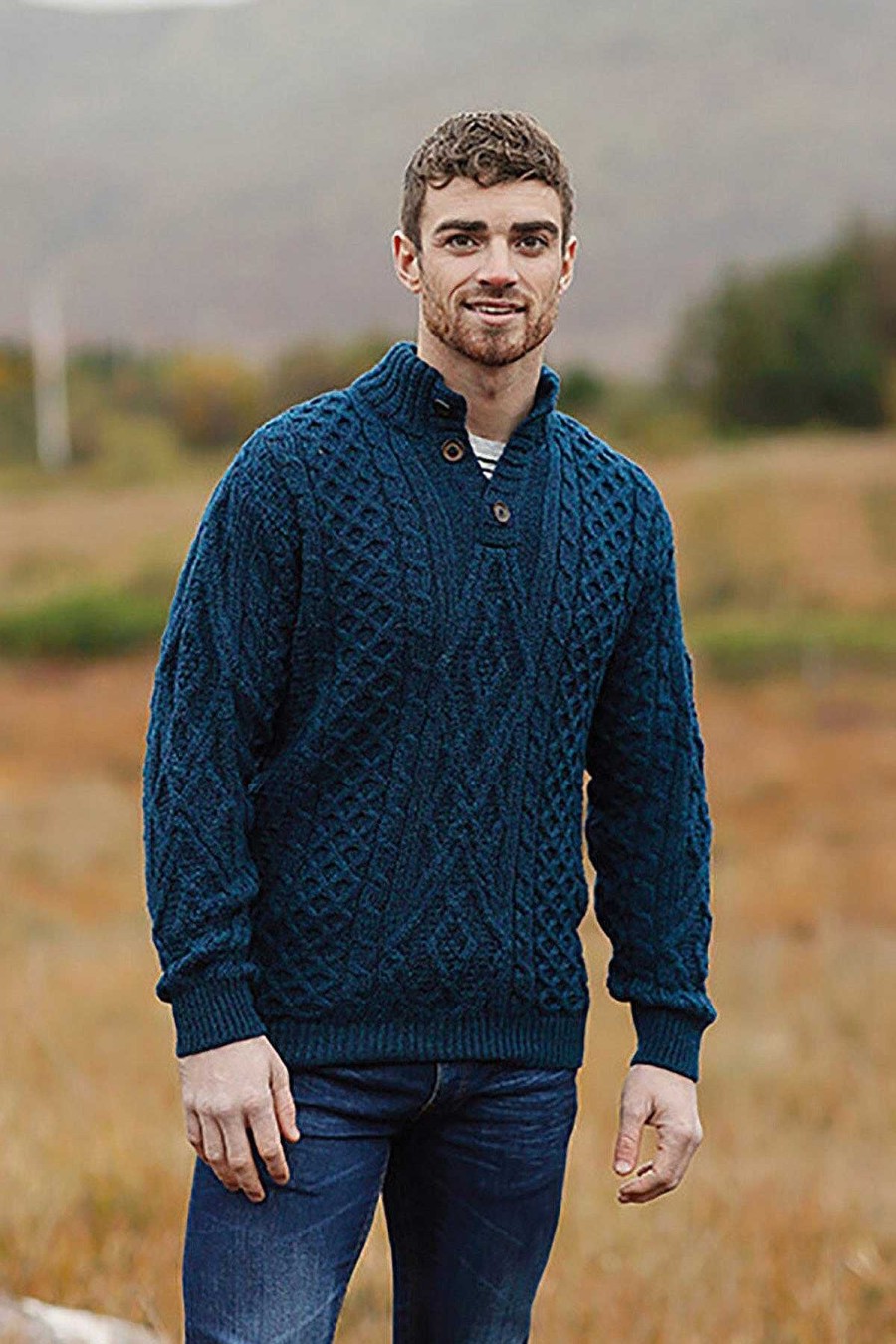 Jumpers & Cardigans | Aran Woollen Mills Mens Diamond Knit Troyer In Atlantic Blue