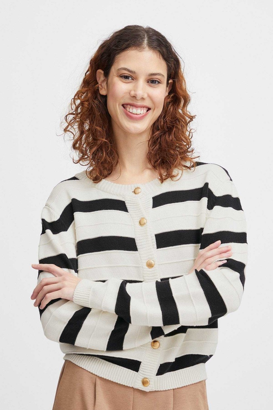 Jumpers & Cardigans | B.Young Bymocca Cream Striped Cardigan