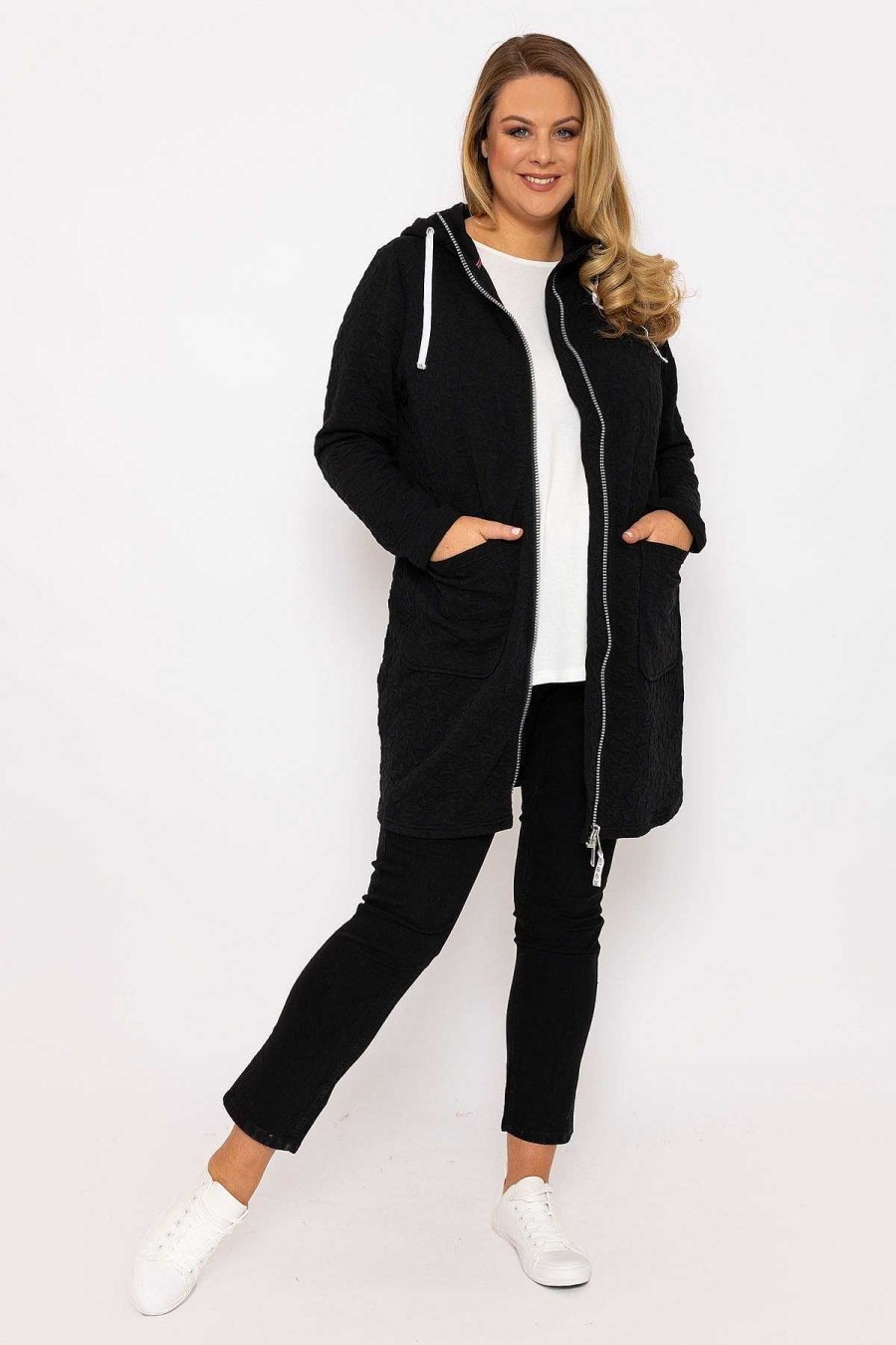 Hoodies & Sweatshirts | Ulla Popken Longline Zip Jacquard Jacket In Black