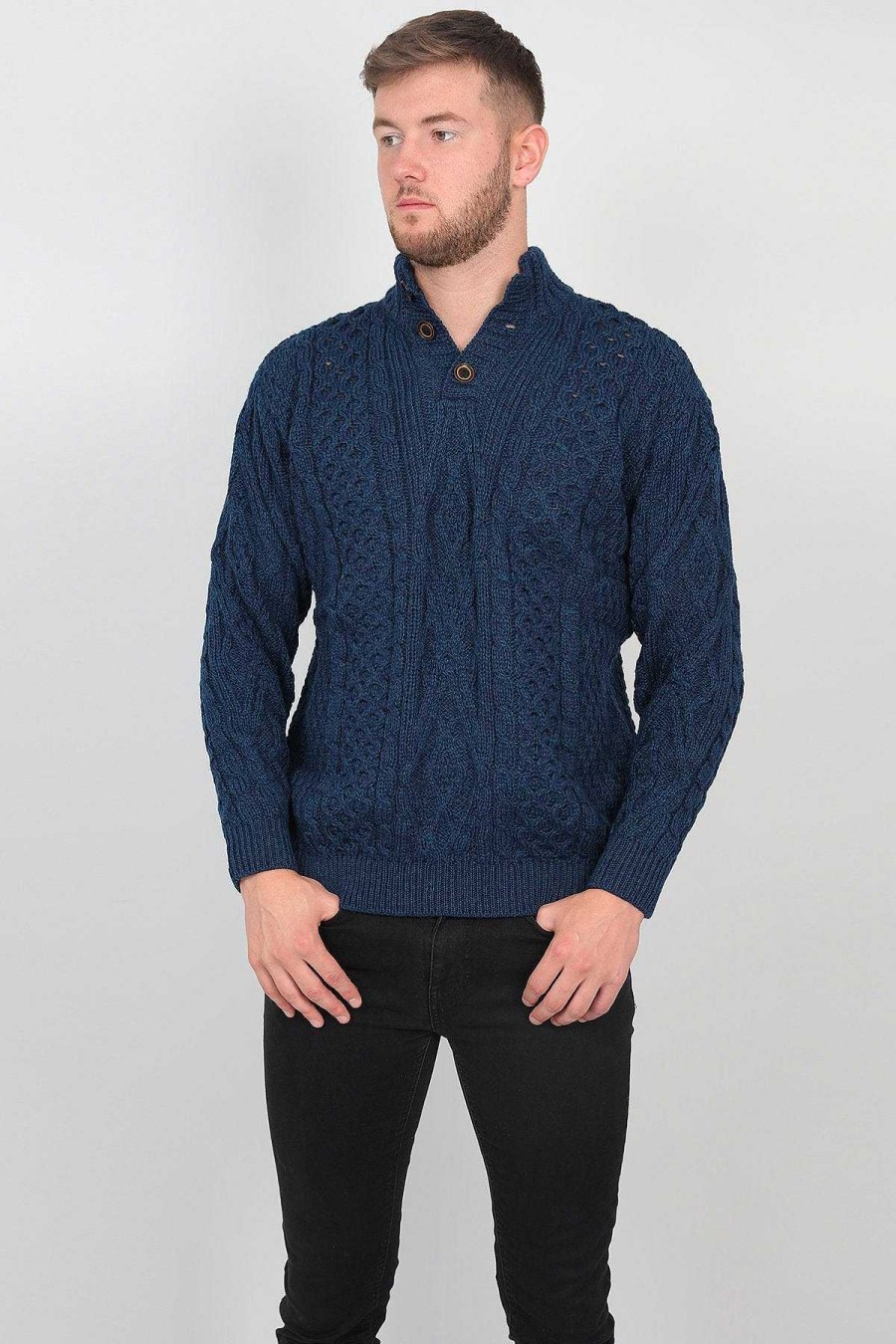 Jumpers & Cardigans | Aran Woollen Mills Mens Diamond Knit Troyer In Atlantic Blue