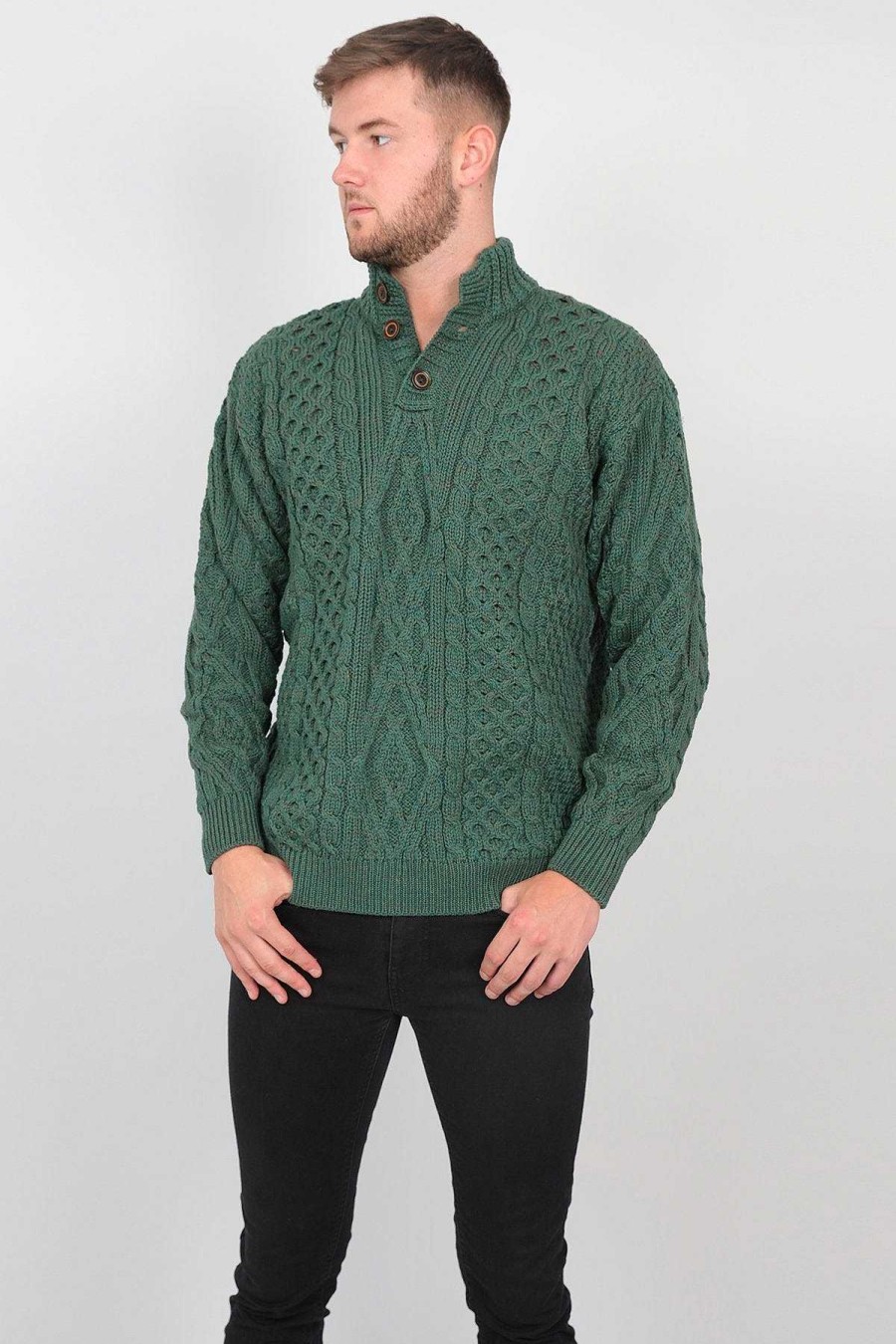 Jumpers & Cardigans | Aran Woollen Mills Mens Diamond Knit Troyer In Connemara Green