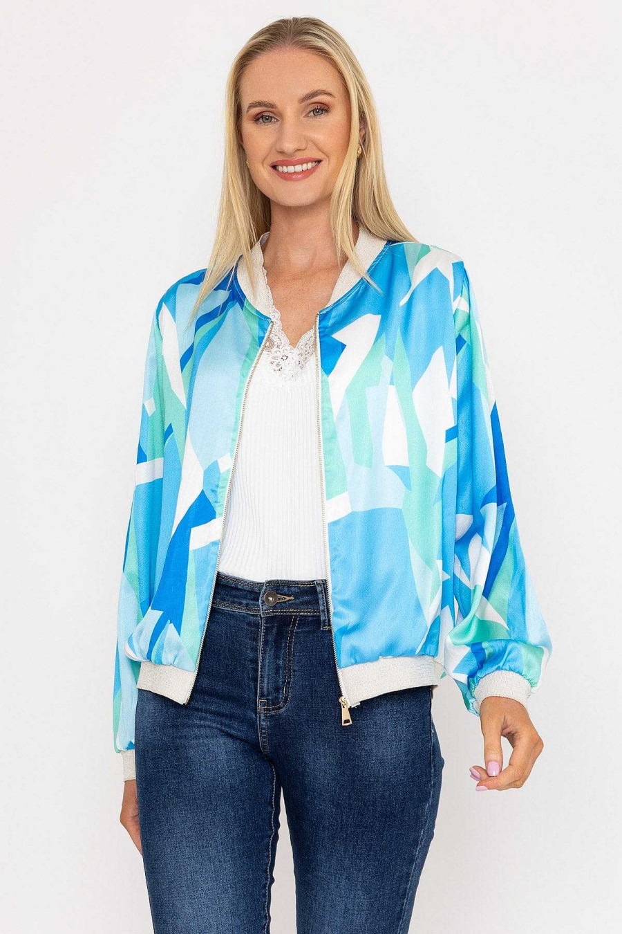 Coats & Jackets | Pala D'oro Blue Printed Bomber Jacket