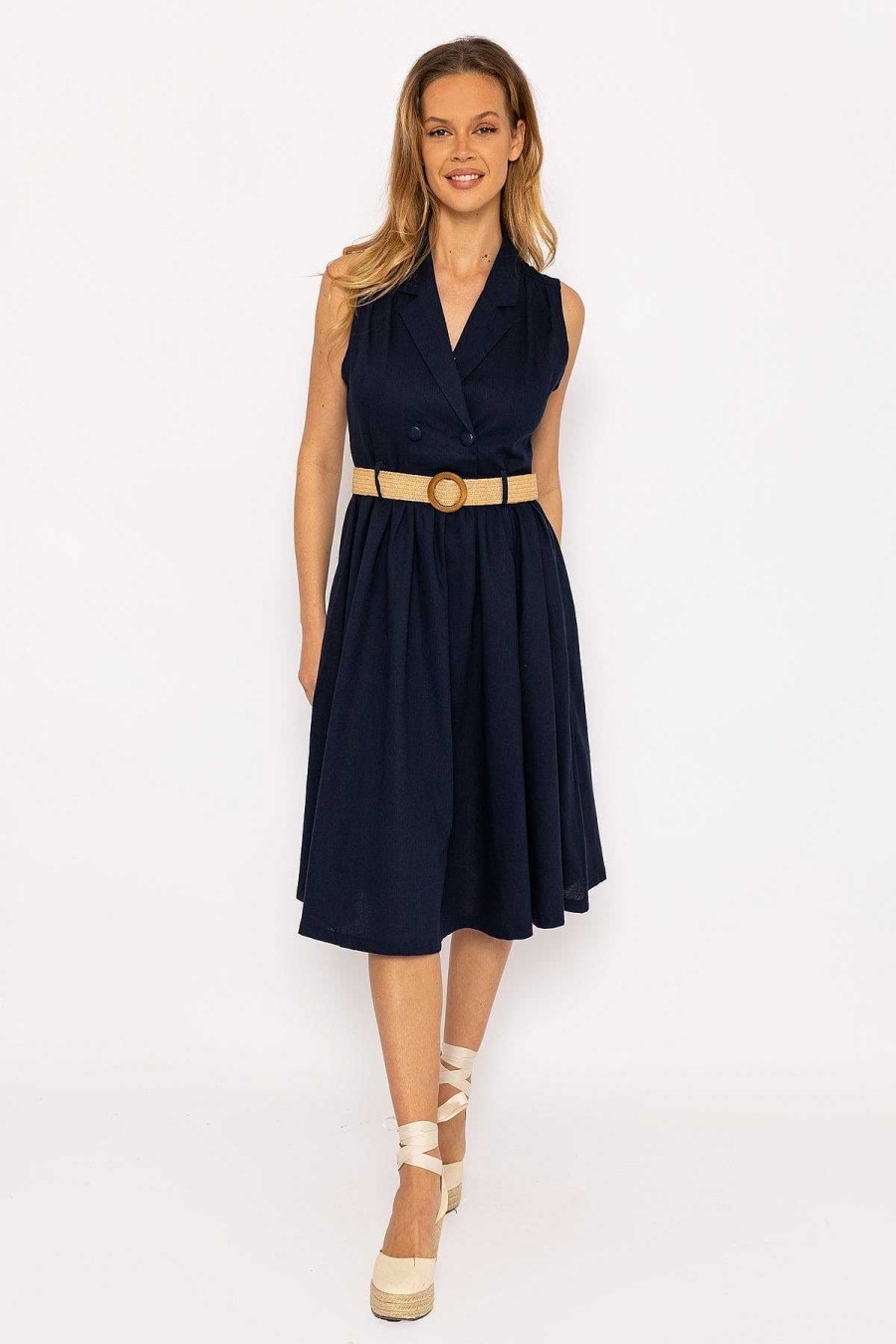 Dresses & Jumpsuits | Rowen Avenue Navy Linen Sleeveless Shirt Dress