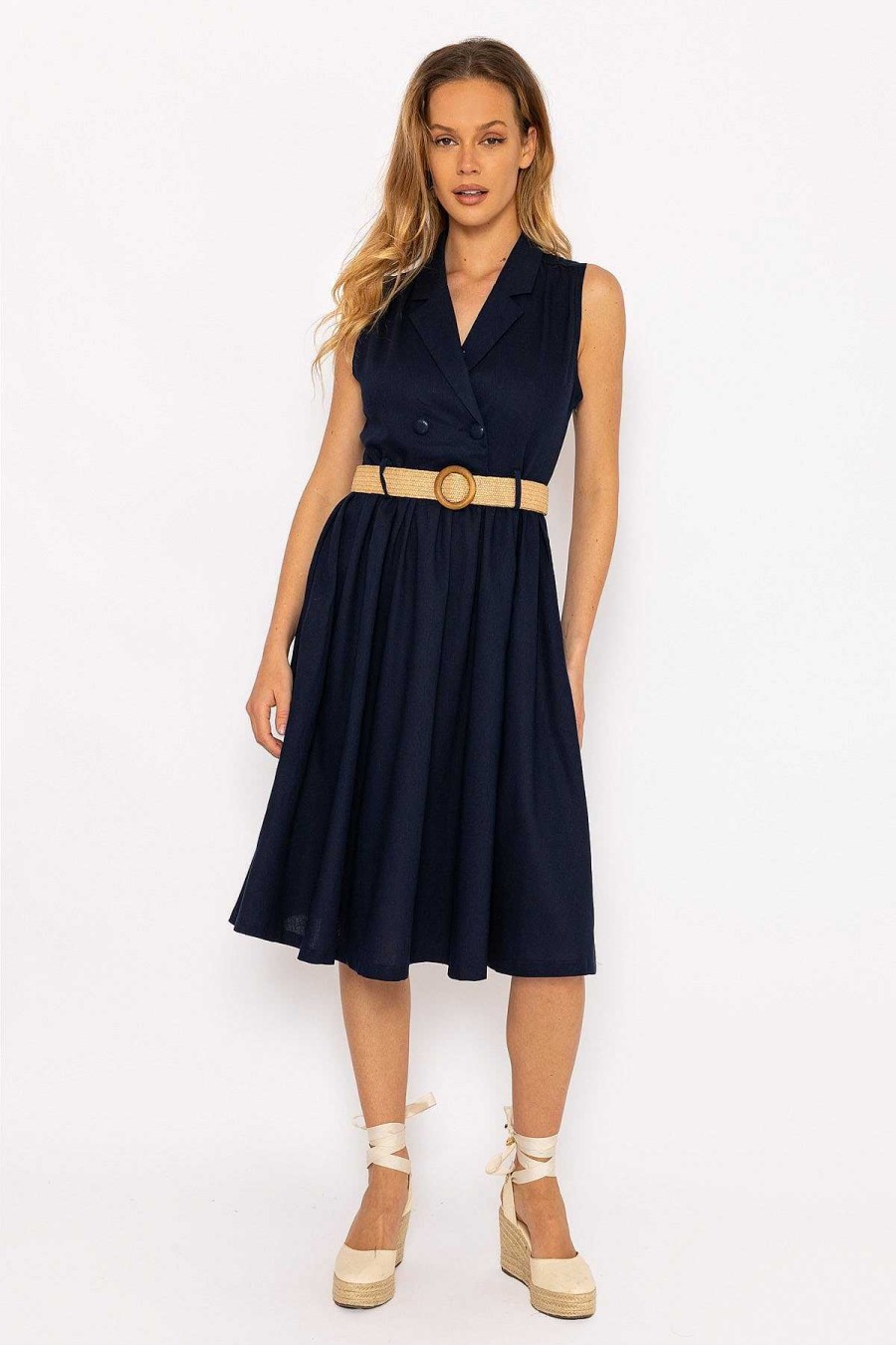 Dresses & Jumpsuits | Rowen Avenue Navy Linen Sleeveless Shirt Dress