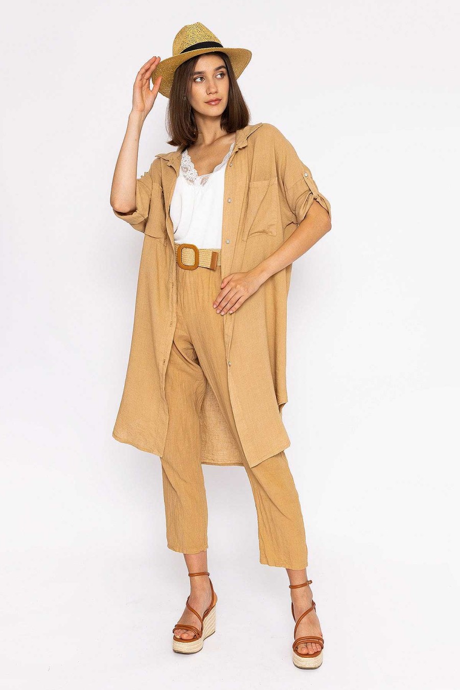 Tops & Blouses | Pala D'oro Oversized Linen Shirt In Camel