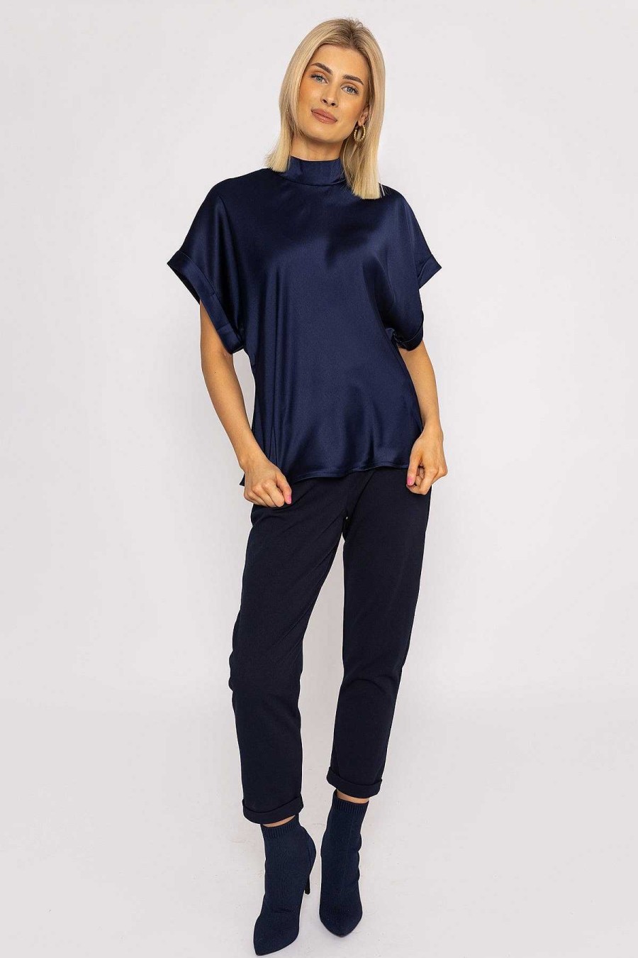 Tops & Blouses | Pala D'oro High Neck Sateen Top In Navy