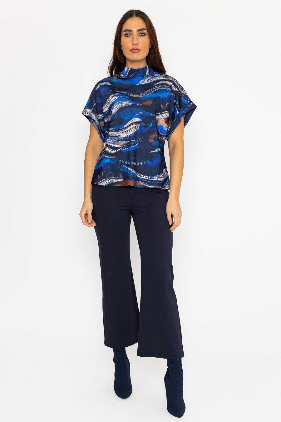 Tops & Blouses | Pala D'oro Printed High Neck Sateen Top In Blue