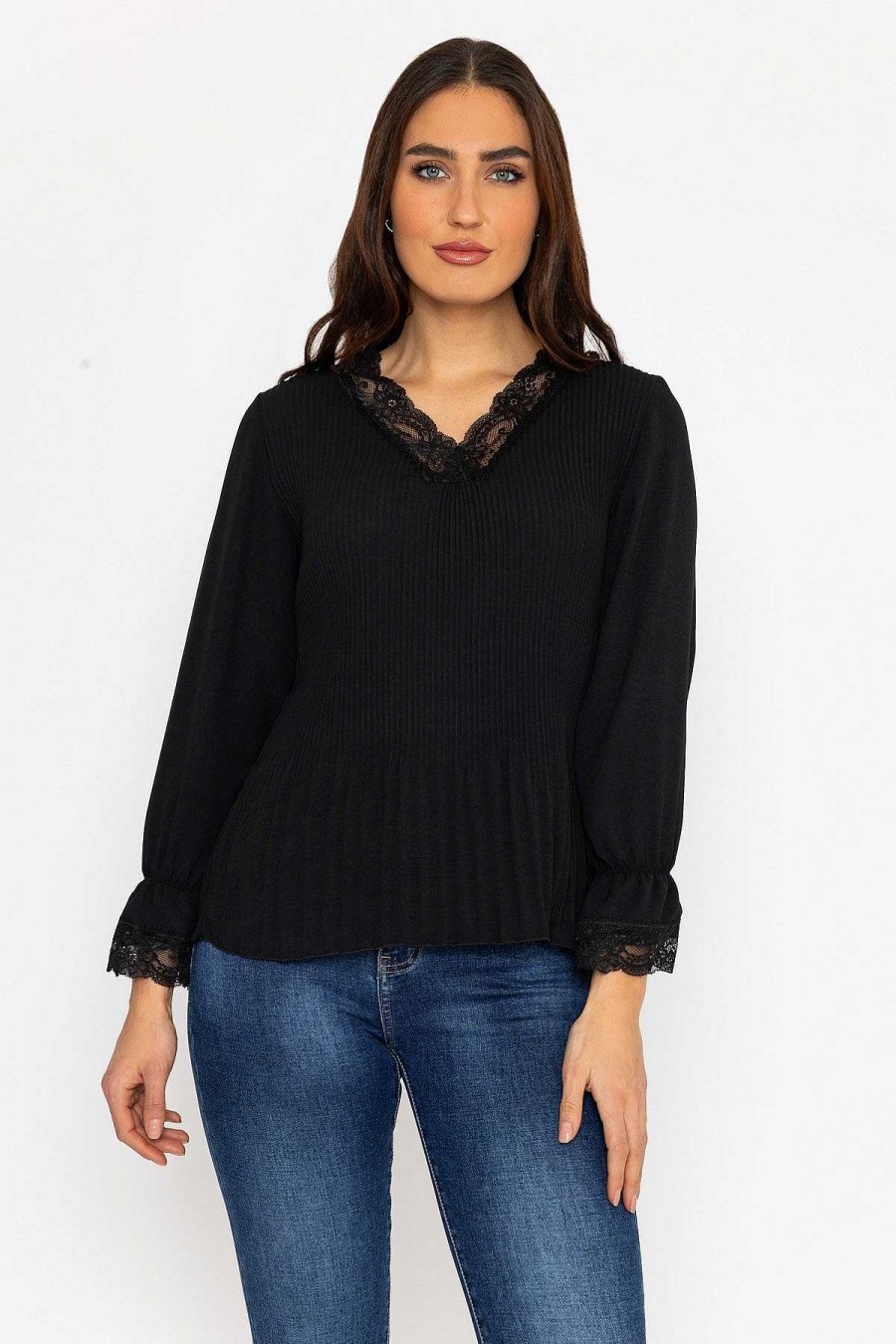 Tops & Blouses | Pala D'oro Pleated Lace Trim Top In Black