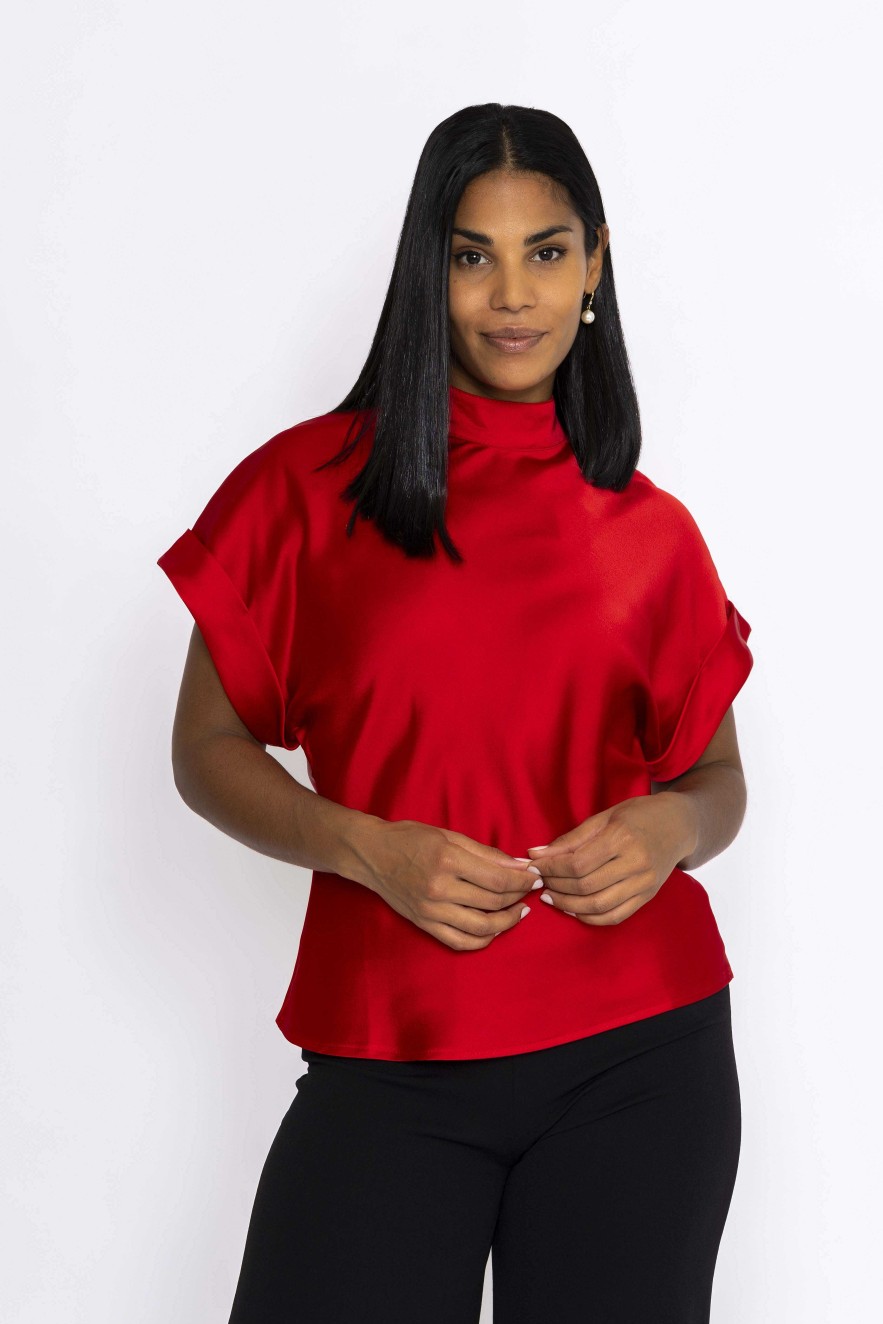 Tops & Blouses | Pala D'oro High Neck Sateen Top In Red